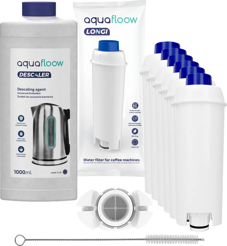 Set Für DeLonghi Kaffeemaschinen: 6x AquaFloow Longi Wasserfilter, AquaFloow Entkalker Entkalker 1000ml, Reinigungswischer 3 Set Für DeLonghi Kaffeemaschinen: 6x AquaFloow Longi Wasserfilter, AquaFloow Entkalker Entkalker 1000ml, Reinigungswischer