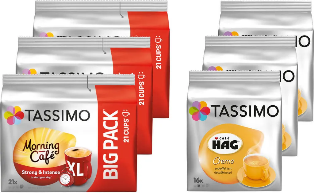 TASSIMO Kapseln Day-Night-Paket 3 Morning Café XL + 3 Café Hag - 111 Getränke 3 TASSIMO Kapseln Day-Night-Paket 3 Morning Café XL + 3 Café Hag - 111 Getränke