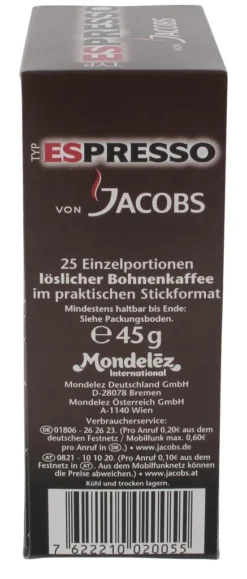 Jacobs Typ Espresso Sticks | Löslicher Kaffee | 25 Portionen 23 Jacobs Typ Espresso Sticks | Löslicher Kaffee | 25 Portionen -Kaffeegetränkeladen 3c9c8743899b6648e65bd30a7016c9ee