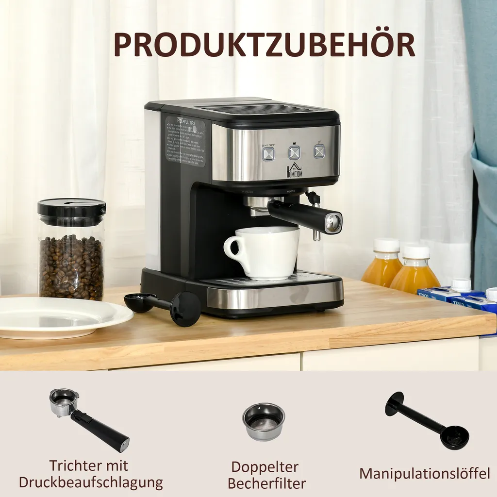 HOMCOM Espressomaschine Kaffeemaschine Aus Edelstahl Siebträgermaschine Mit Milchschäumer 1,5L Wassertank 15 Bar Für Espresso Cappuccino Latte Milchkaffee 850 W 8 HOMCOM Espressomaschine Kaffeemaschine Aus Edelstahl Siebträgermaschine Mit Milchschäumer 1,5L Wassertank 15 Bar Für Espresso Cappuccino Latte Milchkaffee 850 W – Bild 6