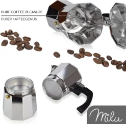 Milu Espressokocher (No Induktion) | 2, 3, 6, 9 Tassen | Aluminium Mokkakanne, Espressokanne, Espresso Maker Set Inkl. Untersetzer, Löffel, Bürste (Aluminium, 4 Tassen (300ml) -Kaffeegetränkeladen 463a2ffb24bc2924b4d03050d7b07e61