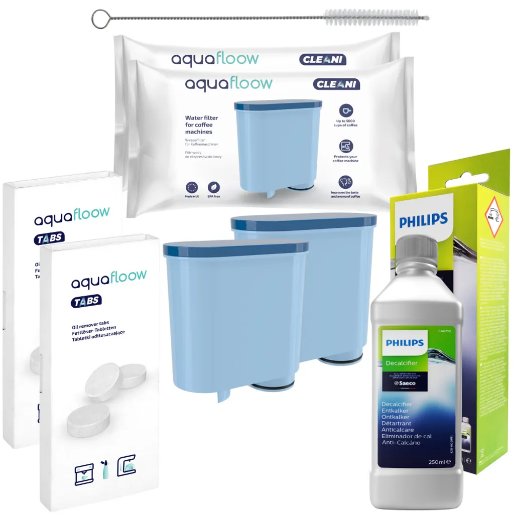 Set Für Philips/Saeco- 2x Aquafloow Wasserfilter, Philips CA6700/10 Entkalker, Reiniger, 2x Aquafloow Reinigungstabletten 10x2g 3 Set Für Philips/Saeco- 2x Aquafloow Wasserfilter, Philips CA6700/10 Entkalker, Reiniger, 2x Aquafloow Reinigungstabletten 10x2g