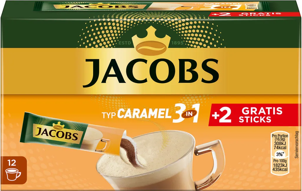 JACOBS Löskaffee 3in1 Typ Caramel Löslicher Kaffee 12 X 10+2 Getränke Sticks 5 JACOBS Löskaffee 3in1 Typ Caramel Löslicher Kaffee 12 X 10+2 Getränke Sticks – Bild 3