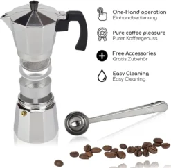 Milu Espressokocher (No Induktion) | 2, 3, 6, 9 Tassen | Aluminium Mokkakanne, Espressokanne, Espresso Maker Set Inkl. Untersetzer, Löffel, Bürste (Aluminium, 4 Tassen (300ml) -Kaffeegetränkeladen 69958f842261d46cadff7a44ff374178