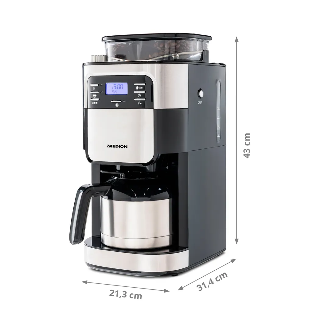 MEDION Kaffeemaschine Mit Mahlwerk Und Thermoskanne (Timer, 1 Liter, 900 Watt, Kaffeebohnenmahlwerk, 8 Mahlstufen, LED Display, Tropf Stopp, Isolierkanne, MD19777) 9 MEDION Kaffeemaschine Mit Mahlwerk Und Thermoskanne (Timer, 1 Liter, 900 Watt, Kaffeebohnenmahlwerk, 8 Mahlstufen, LED Display, Tropf Stopp, Isolierkanne, MD19777) – Bild 7