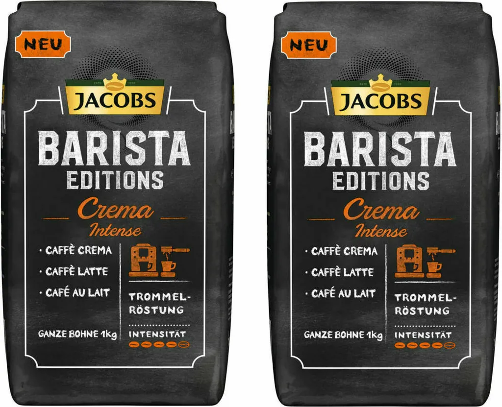 JACOBS Kaffeebohnen Barista Editions Crema Intense 2 X 1kg Ganze Bohnen + 1 Aluminiumdose Im Barista Design 5 JACOBS Kaffeebohnen Barista Editions Crema Intense 2 X 1kg Ganze Bohnen + 1 Aluminiumdose Im Barista Design – Bild 3