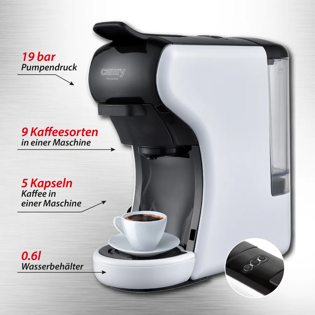 Adler Camry CR 4414 Multi-Espressomaschine Mit 5 Kapselkaffeeeinsätzen 19 Bar Pumpendruck 6 Adler Camry CR 4414 Multi-Espressomaschine Mit 5 Kapselkaffeeeinsätzen 19 Bar Pumpendruck – Bild 4