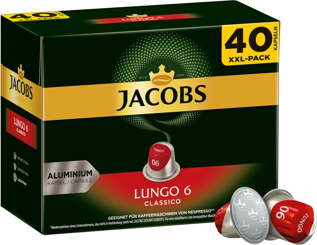JACOBS Kapseln Nespresso®* Kompatible 2 X 40 Lungo 6 Classico + 2 X 40 8 Intenso XXL-Packs - Insgesamt 160 Getränke 3 JACOBS Kapseln Nespresso®* Kompatible 2 X 40 Lungo 6 Classico + 2 X 40 8 Intenso XXL-Packs - Insgesamt 160 Getränke