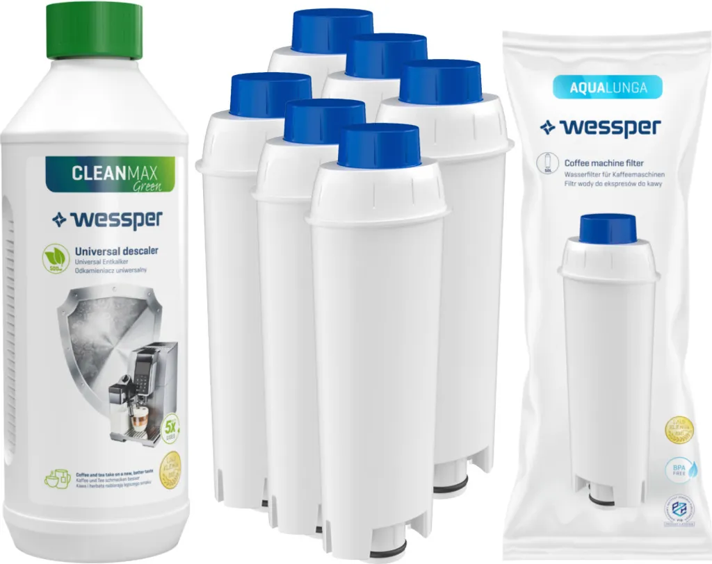 Wessper Set: 6x Wessper AquaLunga Wasserfilterpatrone Für DeLonghi Kaffeemaschinen (Ersatz SER3017 DLS C002) + Wessper CleanMax 500ml Entkalker 3 Wessper Set: 6x Wessper AquaLunga Wasserfilterpatrone Für DeLonghi Kaffeemaschinen (Ersatz SER3017 DLS C002) + Wessper CleanMax 500ml Entkalker