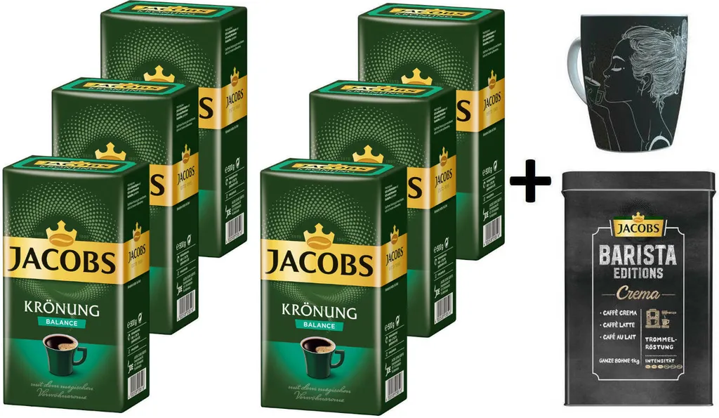JACOBS Filterkaffee Krönung Balance 6 X 500 G Kaffee Gemahlen + 1 Becher+ 1 Dose 3 JACOBS Filterkaffee Krönung Balance 6 X 500 G Kaffee Gemahlen + 1 Becher+ 1 Dose