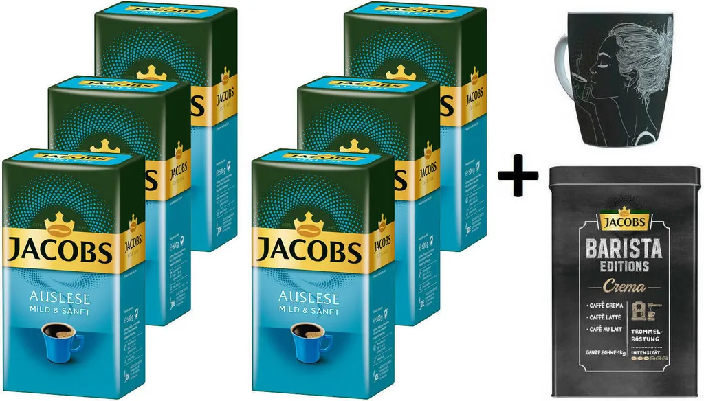JACOBS Filterkaffee Auslese Mild & Sanft 6 X 500 G Kaffee Gemahlen + 1 Becher+ 1 Dose 3 JACOBS Filterkaffee Auslese Mild & Sanft 6 X 500 G Kaffee Gemahlen + 1 Becher+ 1 Dose