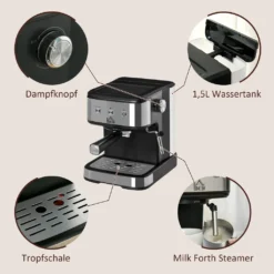 HOMCOM Espressomaschine Kaffeemaschine Aus Edelstahl Siebträgermaschine Mit Milchschäumer 1,5L Wassertank 15 Bar Für Espresso Cappuccino Latte Milchkaffee 850 W 15 HOMCOM Espressomaschine Kaffeemaschine Aus Edelstahl Siebträgermaschine Mit Milchschäumer 1,5L Wassertank 15 Bar Für Espresso Cappuccino Latte Milchkaffee 850 W -Kaffeegetränkeladen b04d280dcc4669e70ed11f7c0bb62e6a