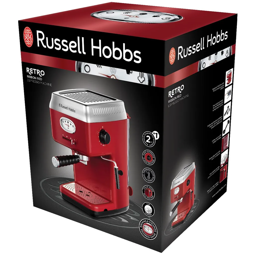 Russell Hobbs Espressomaschine Retro Rot Siebträger (15 Bar, 2 Tassen-Einsätze, 1,1l Abnehmbarer Wassertank, Dampf-Milchschaumdüse, Portionierlöffel Mit Tamper) Kaffeemaschine 6 Russell Hobbs Espressomaschine Retro Rot Siebträger (15 Bar, 2 Tassen-Einsätze, 1,1l Abnehmbarer Wassertank, Dampf-Milchschaumdüse, Portionierlöffel Mit Tamper) Kaffeemaschine – Bild 4