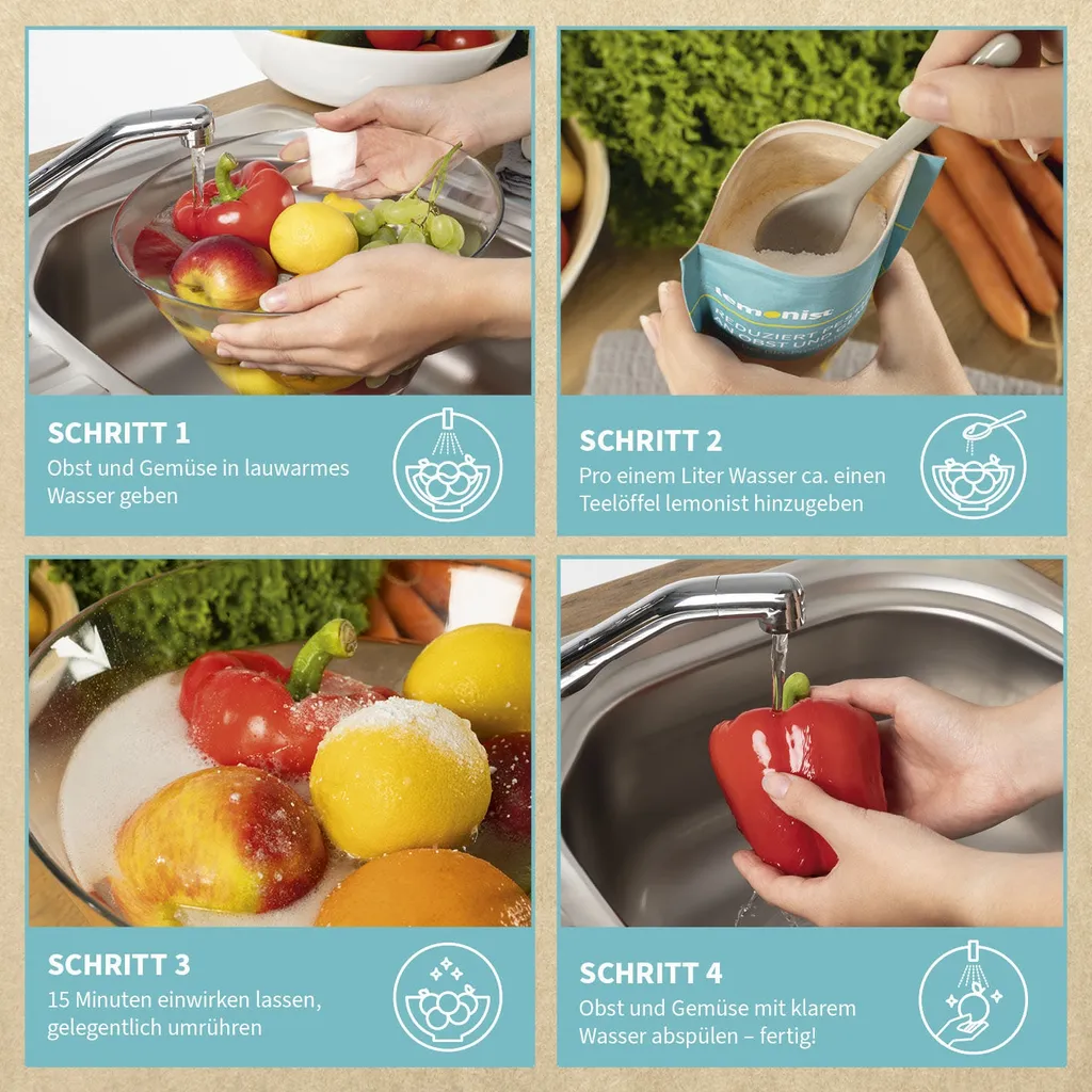 Lemonist Pestizid-Reduzierer - 4er-Set Obst- Und Gemüsereiniger Natron Zitronensäure Salz Granulat Vegan Reduzierung Von Pestiziden - Germany 5 Lemonist Pestizid-Reduzierer - 4er-Set Obst- Und Gemüsereiniger Natron Zitronensäure Salz Granulat Vegan Reduzierung Von Pestiziden - Germany – Bild 3