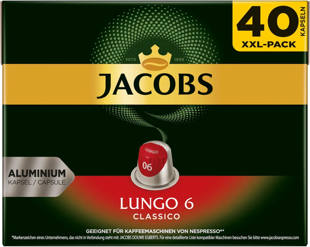 JACOBS Kapseln Nespresso®* Kompatibel 2 X 40 Lungo 6 Classico + 2 X 40 Espresso 10 Intenso XXL-Pack - Insgesamt 160 Getränke 4 JACOBS Kapseln Nespresso®* Kompatibel 2 X 40 Lungo 6 Classico + 2 X 40 Espresso 10 Intenso XXL-Pack - Insgesamt 160 Getränke – Bild 2