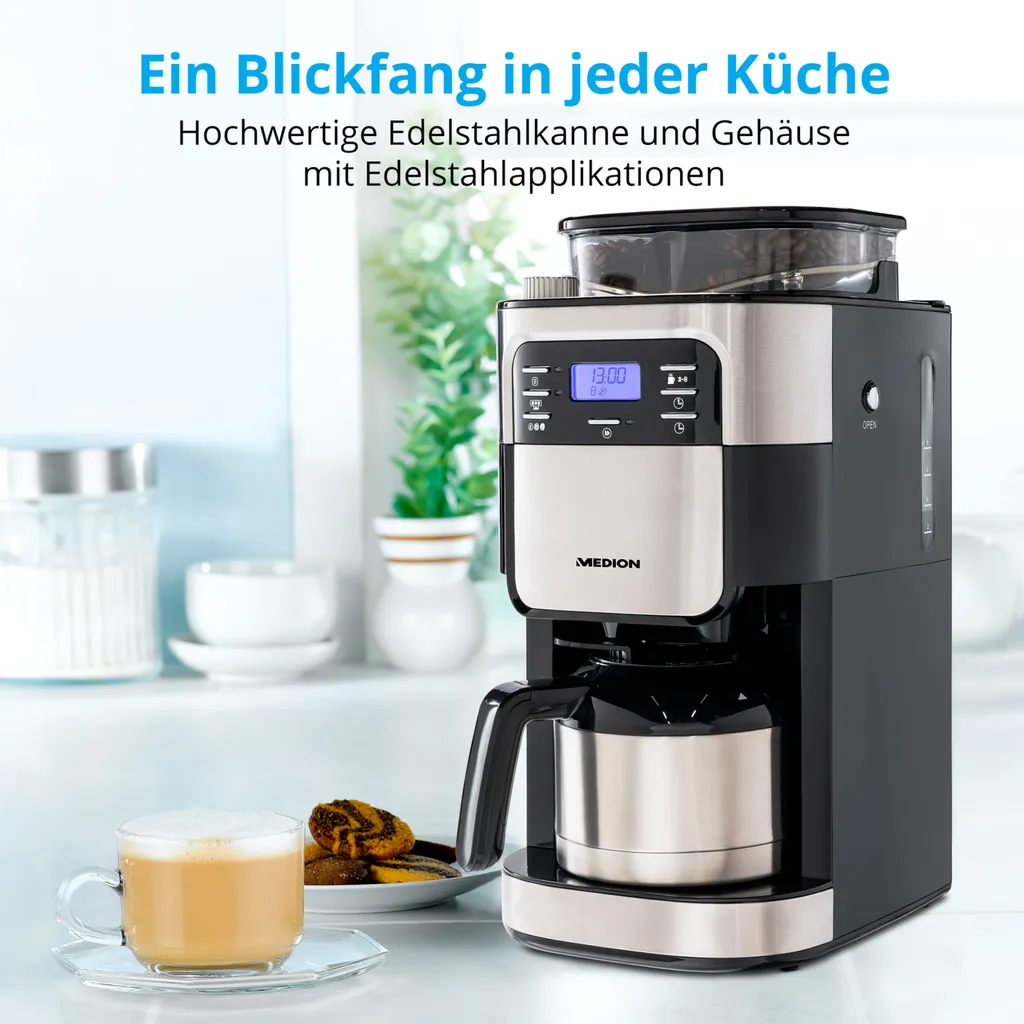 MEDION Kaffeemaschine Mit Mahlwerk Und Thermoskanne (Timer, 1 Liter, 900 Watt, Kaffeebohnenmahlwerk, 8 Mahlstufen, LED Display, Tropf Stopp, Isolierkanne, MD19777) 4 MEDION Kaffeemaschine Mit Mahlwerk Und Thermoskanne (Timer, 1 Liter, 900 Watt, Kaffeebohnenmahlwerk, 8 Mahlstufen, LED Display, Tropf Stopp, Isolierkanne, MD19777) – Bild 2