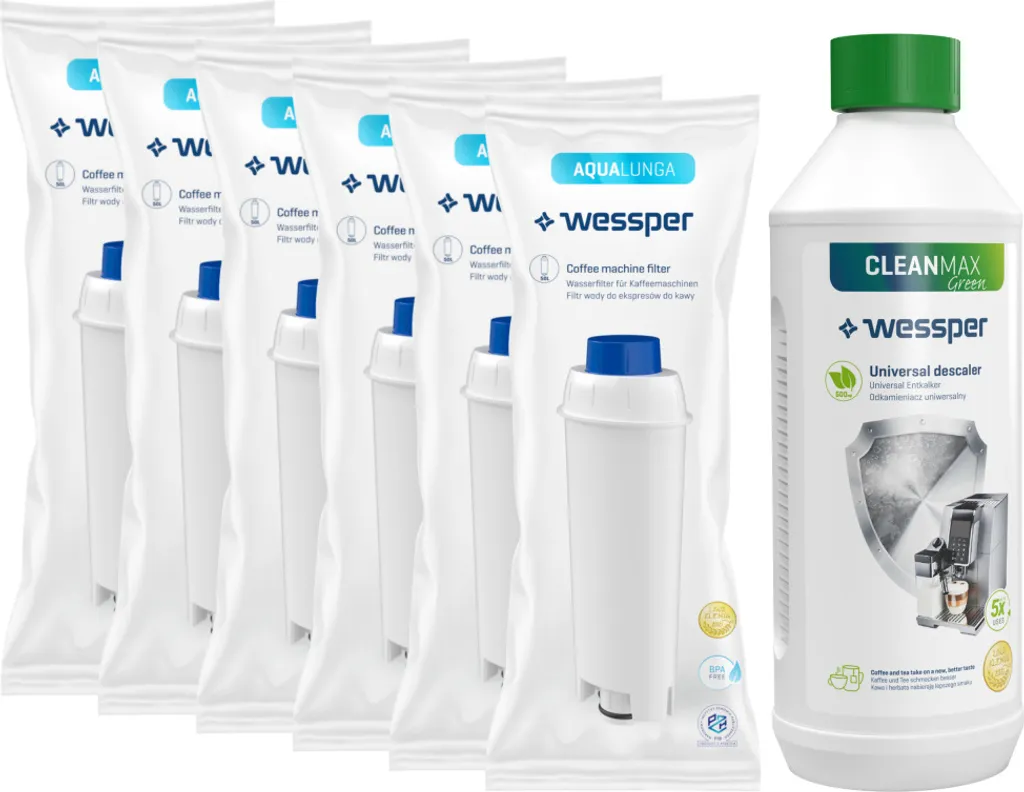 Wessper Set: 6x Wessper AquaLunga Wasserfilterpatrone Für DeLonghi Kaffeemaschinen (Ersatz SER3017 DLS C002) + Wessper CleanMax 500ml Entkalker 4 Wessper Set: 6x Wessper AquaLunga Wasserfilterpatrone Für DeLonghi Kaffeemaschinen (Ersatz SER3017 DLS C002) + Wessper CleanMax 500ml Entkalker – Bild 2