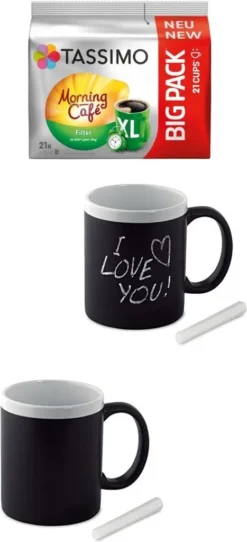 Tassimo Morning Filter 21 Kaffee Kapseln Im Big Pack, 163.8 G Plus 2 Gläser Mit Henkel Mit Kreide Beschriftbar 300ml…