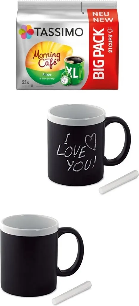 Tassimo Morning Filter 21 Kaffee Kapseln Im Big Pack, 163.8 G Plus 2 Gläser Mit Henkel Mit Kreide Beschriftbar 300ml… 3 Tassimo Morning Filter 21 Kaffee Kapseln Im Big Pack, 163.8 G Plus 2 Gläser Mit Henkel Mit Kreide Beschriftbar 300ml…