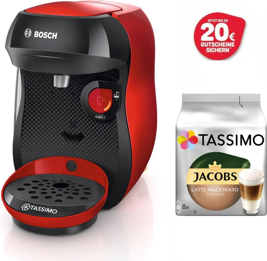 Bosch TASSIMO HAPPY Just Red +20€ Gutschein 1400 Watt +1 Packung Latte Macchiato 3 Bosch TASSIMO HAPPY Just Red +20€ Gutschein 1400 Watt +1 Packung Latte Macchiato