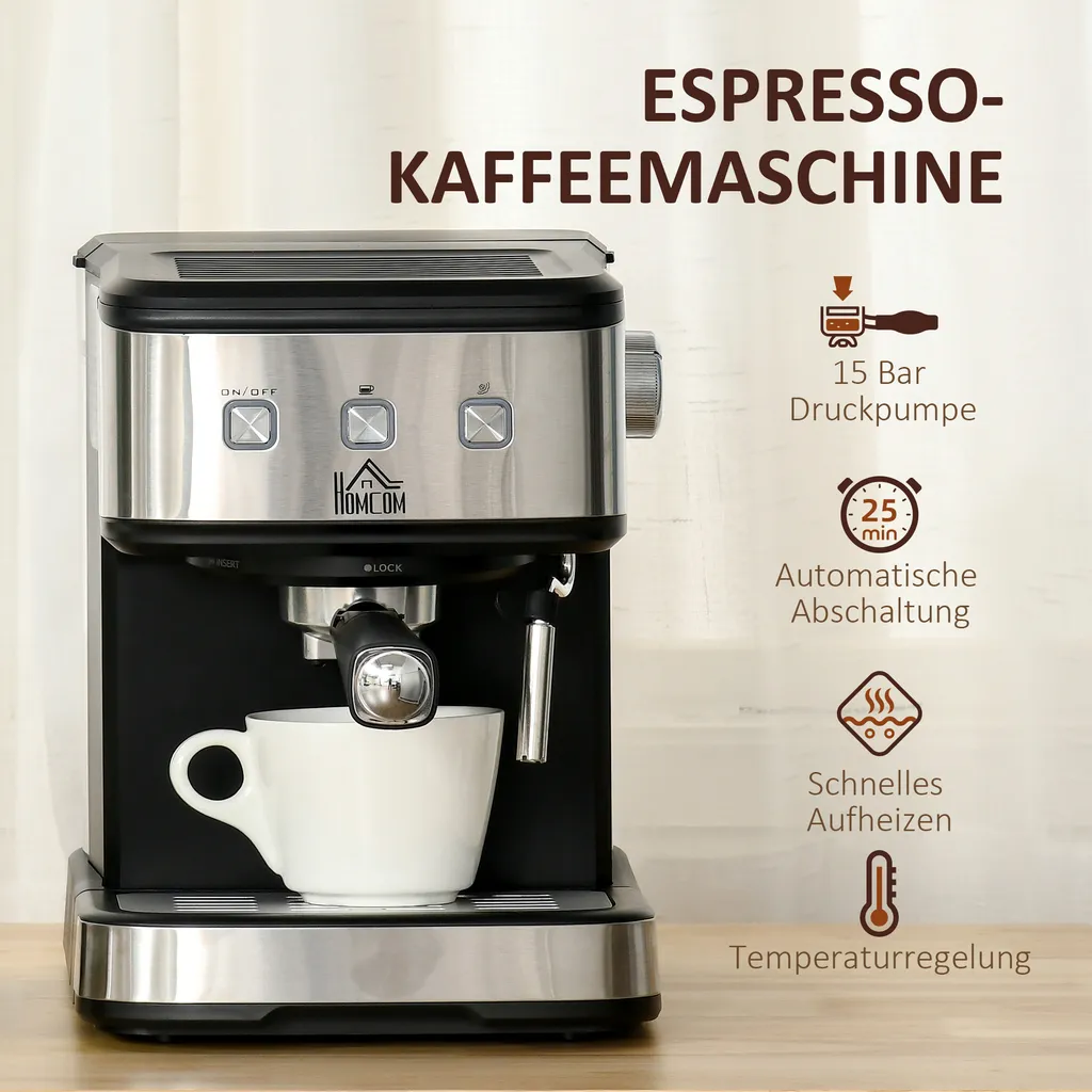HOMCOM Espressomaschine Kaffeemaschine Aus Edelstahl Siebträgermaschine Mit Milchschäumer 1,5L Wassertank 15 Bar Für Espresso Cappuccino Latte Milchkaffee 850 W 5 HOMCOM Espressomaschine Kaffeemaschine Aus Edelstahl Siebträgermaschine Mit Milchschäumer 1,5L Wassertank 15 Bar Für Espresso Cappuccino Latte Milchkaffee 850 W – Bild 3