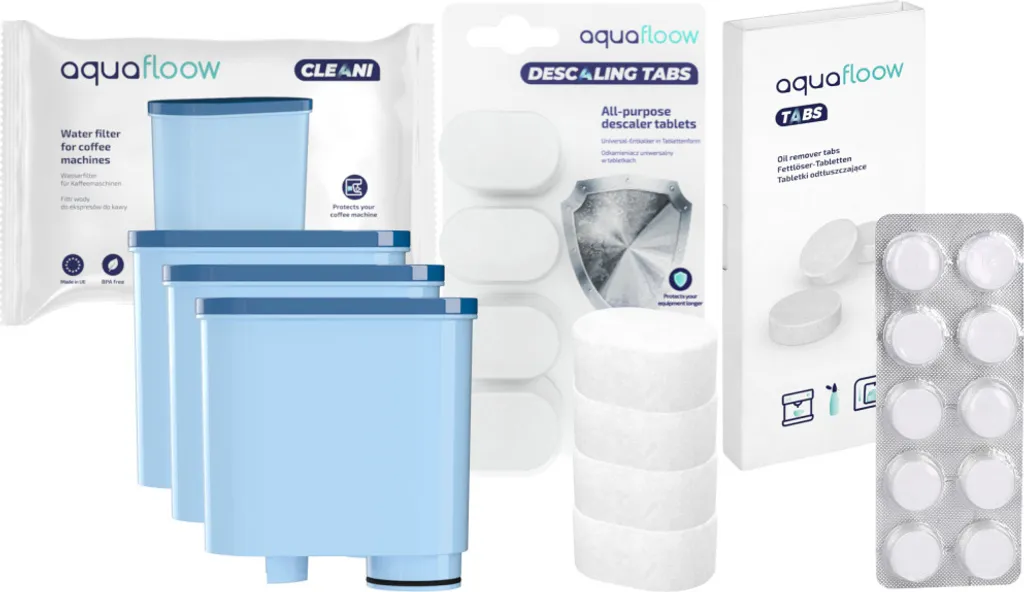 AquaFloow Set Für Saeco/Philips Kaffeemaschinen: 3x Wasserfilter (Ersatz CA6903), Entkalkungstabletten 4 Stück (Ersatz TZ80002), Reinigungstabletten 10x2g (Ersatz TZ80001) 3 AquaFloow Set Für Saeco/Philips Kaffeemaschinen: 3x Wasserfilter (Ersatz CA6903), Entkalkungstabletten 4 Stück (Ersatz TZ80002), Reinigungstabletten 10x2g (Ersatz TZ80001)